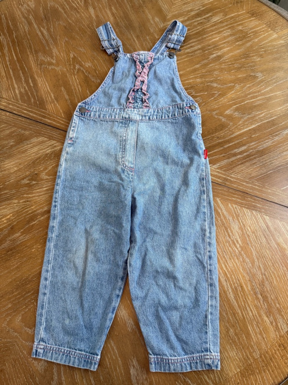 Vintage Esprit toddler Kids Light Wash Denim Overalls with Pink Ruffle